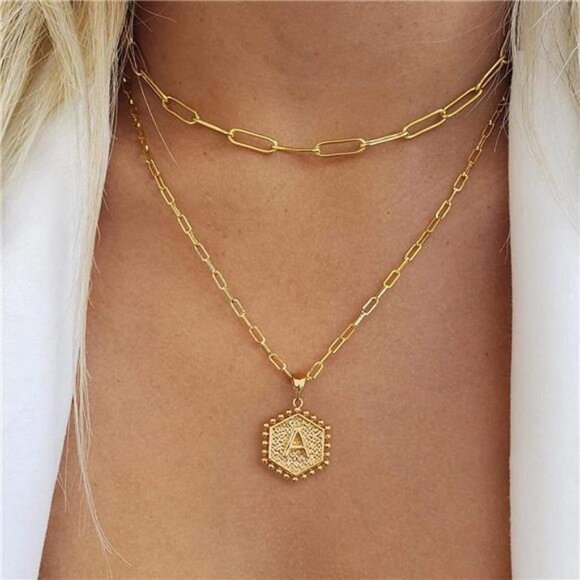 14K Gold Plated Paperclip Chain Necklace Hexagon Letter Pendant Choker Necklace - Picture 3 of 6
